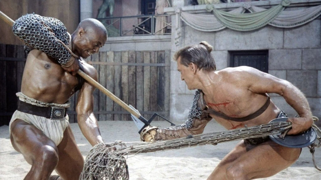 Spartacus en plein combat de gladiateur