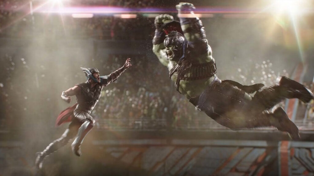 Thor et Hulk gladiateur en plein combat dans une arène