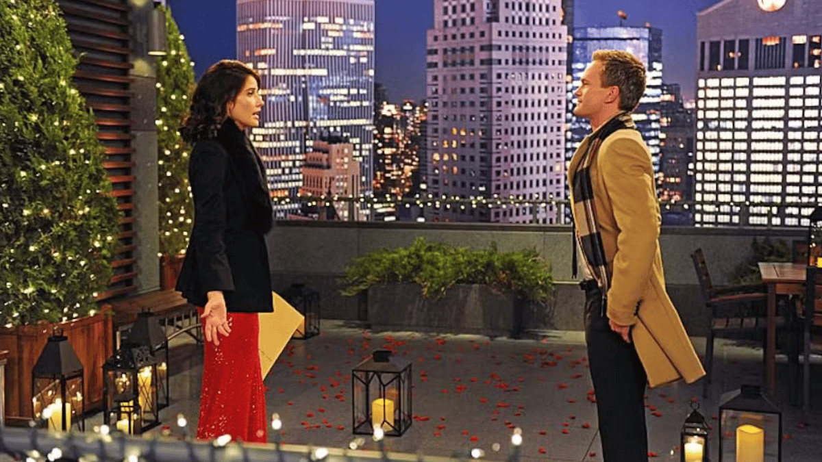 Robin et Barney parlant sur le toit d'un immeuble