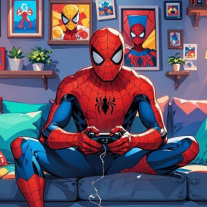 spider-man jouant aux jeux vidéos