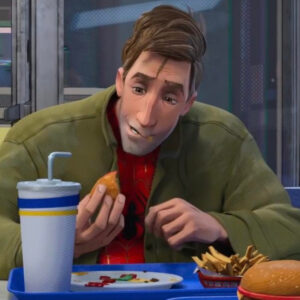 Spider-Man mangeant un hamburger