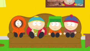 stan, kyle, cartman et kenny sur le canapé