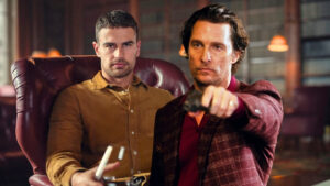 Eddie Horniman sur un fauteuil et Mickey Pearson avec un pistolet