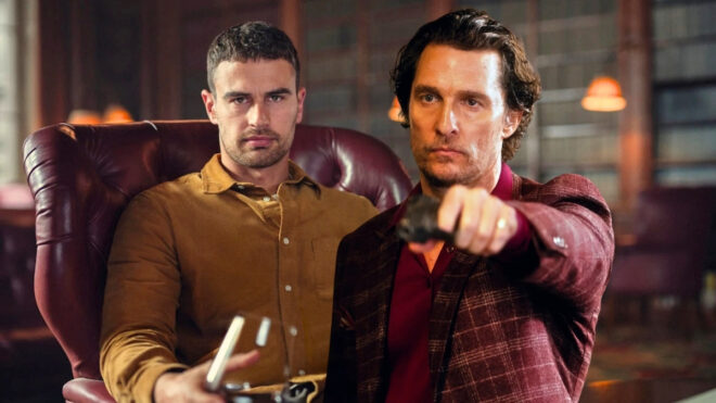 Eddie Horniman sur un fauteuil et Mickey Pearson avec un pistolet